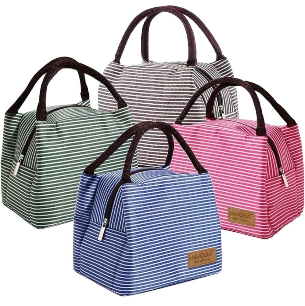 Striped Women's Lunch Box Tote Bag - Pink, Blue, Green, Black, Red Insulated Whi